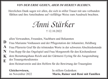 Traueranzeige von Anni Stärker von Südthüringer Presse