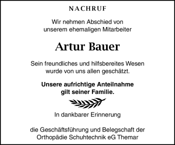 Traueranzeige von Artur Bauer von Südthüringer Presse
