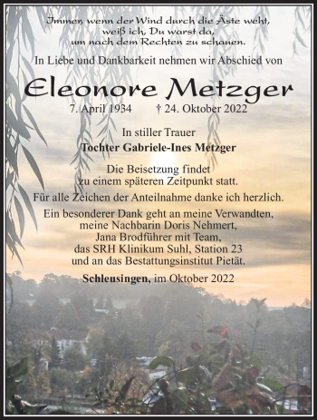 Traueranzeige von Eleonore Metzger von Südthüringer Presse
