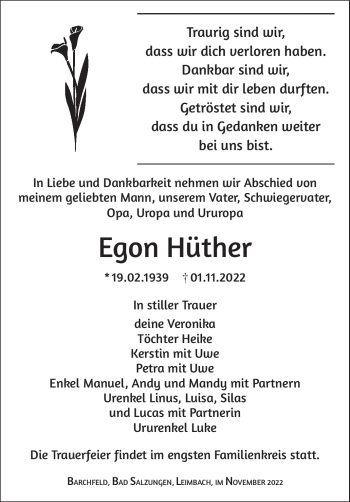Traueranzeige von Egon Hüther von Südthüringer Presse