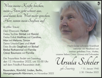 Traueranzeige von Ursula Scheler von Südthüringer Presse