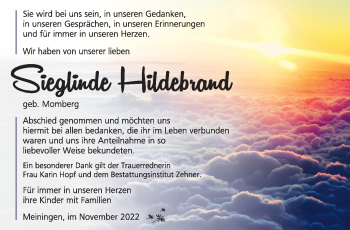 Traueranzeige von Sieglinde Hildebrand von Südthüringer Presse
