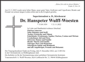 Traueranzeige von Dr. Hanspeter Wulff-Woesten von Südthüringer Presse