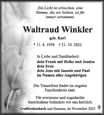 Traueranzeige von Waltraud Winkler von Südthüringer Presse