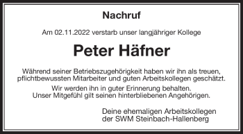 Traueranzeige von Peter Häfner von Südthüringer Presse