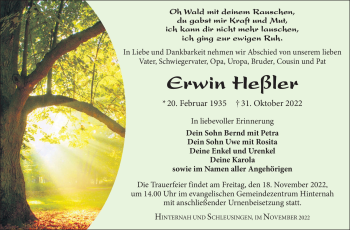 Traueranzeige von Erwin Heßler von Südthüringer Presse