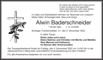 Traueranzeige von Alwin Baderschneider von Frankenpost