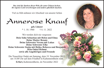 Traueranzeige von Annerose Knauf von Südthüringer Presse