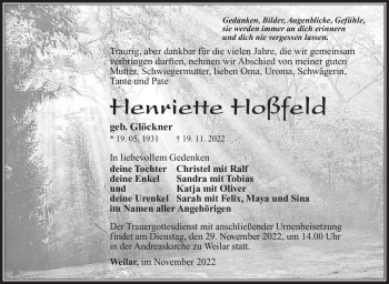 Traueranzeige von Henriette Hoßfeld von Südthüringer Presse