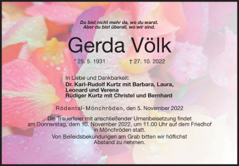 Traueranzeige von Gerda Völk von Neue Presse Coburg