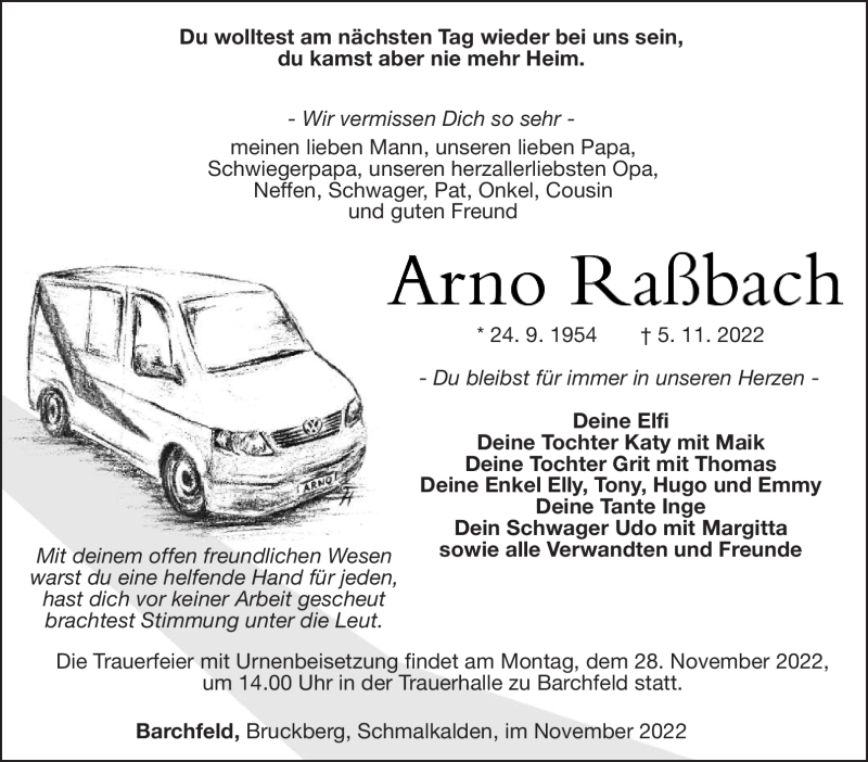  Traueranzeige für Arno Raßbach vom 24.11.2022 aus Südthüringer Presse
