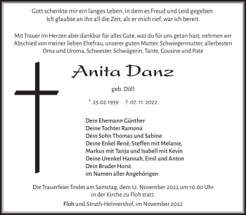 Traueranzeige von Anita Danz von Südthüringer Presse