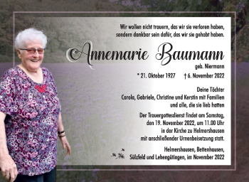 Traueranzeige von Annemarie Baumann von Südthüringer Presse