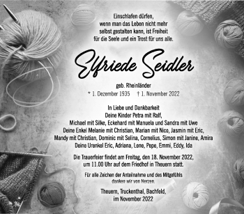 Traueranzeige von Elfriede Seidler von Südthüringer Presse