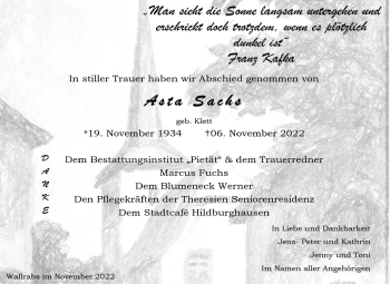 Traueranzeige von Asta Sachs von Südthüringer Presse