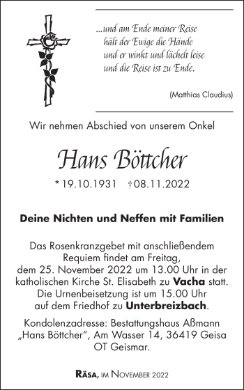 Traueranzeige von Hans Böttcher von Südthüringer Presse