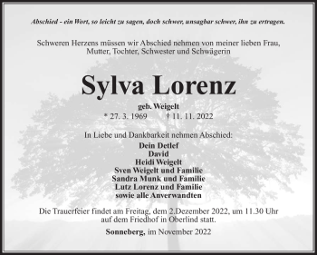 Traueranzeige von Sylva Lorenz von Südthüringer Presse