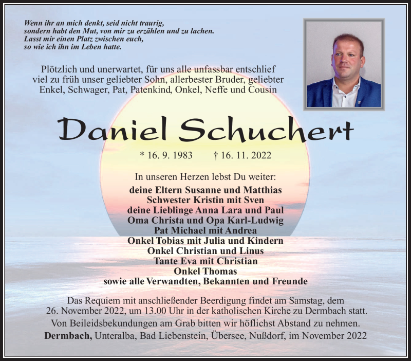  Traueranzeige für Daniel Schuchert vom 22.11.2022 aus Südthüringer Presse
