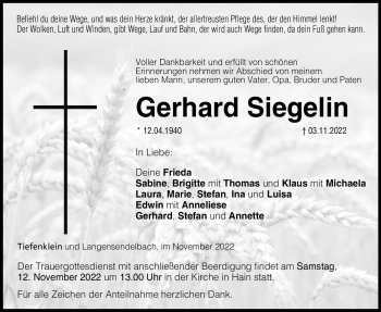Traueranzeige von Gerhard Siegelin von Neue Presse Coburg