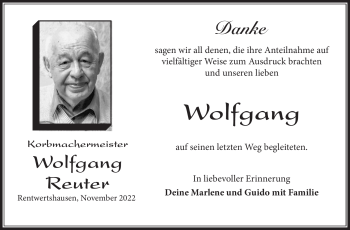Traueranzeige von Wolfgang Reuter von Südthüringer Presse