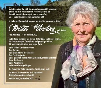 Traueranzeige von Christa Vierling von Südthüringer Presse