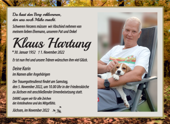 Traueranzeige von Klaus Hartung von Südthüringer Presse