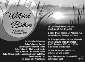 Traueranzeige von Wilfried Büttner von Südthüringer Presse