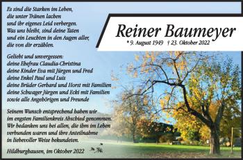Traueranzeige von Reiner Baumeyer von Südthüringer Presse