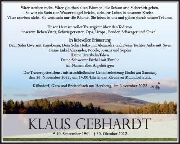 Traueranzeige von Klaus Gebhardt von Südthüringer Presse