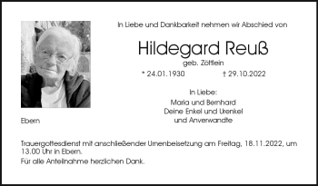 Traueranzeige von Hildegard Reuß von Neue Presse Coburg