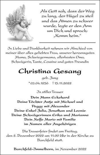 Traueranzeige von Christina Gesang von Südthüringer Presse