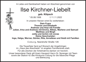 Traueranzeige von Ilse Kirchner-Liebelt von Neue Presse Coburg