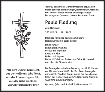 Traueranzeige von Paula Fladung von Südthüringer Presse
