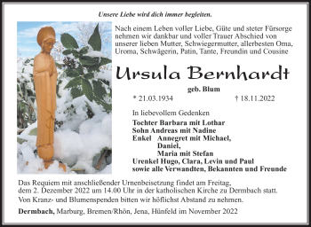 Traueranzeige von Ursula Bernhardt von Südthüringer Presse