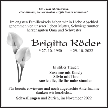 Traueranzeige von Brigitta Röder von Südthüringer Presse