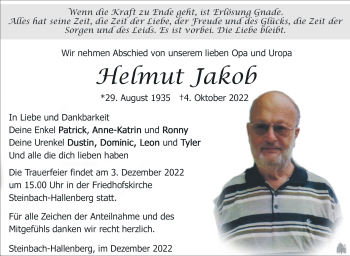 Traueranzeige von Helmut Jacob von Südthüringer Presse