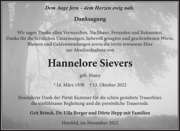 Traueranzeige von Hannelore Sievers von Südthüringer Presse