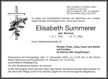 Traueranzeige von Elisabeth Summerer von Frankenpost