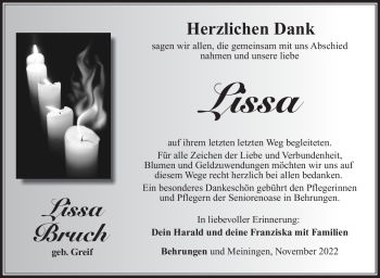 Traueranzeige von Lissa Bruch von Südthüringer Presse