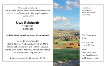 Traueranzeige von Uwe Reichardt von Südthüringer Presse