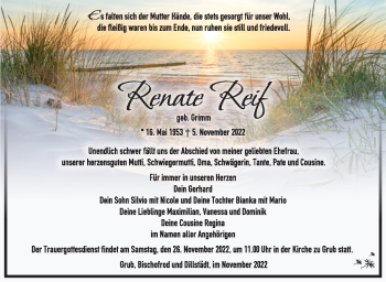 Traueranzeige von Renate Reif von Südthüringer Presse