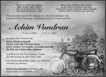 Traueranzeige von Achim Vorndran von Südthüringer Presse