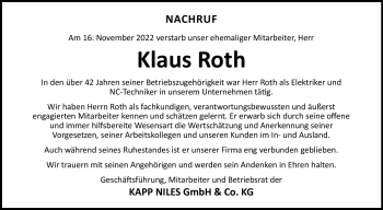 Traueranzeige von Klaus Roth von Neue Presse Coburg