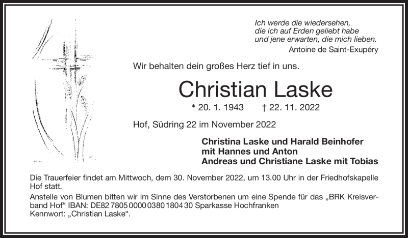  Traueranzeige für Christian Laske vom 26.11.2022 aus Frankenpost