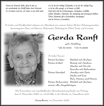 Traueranzeige von Gerda Ranft von Südthüringer Presse