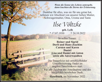 Traueranzeige von Ilse Völtzke von Südthüringer Presse