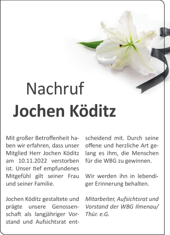 Traueranzeige von Jochen Köditz von Südthüringer Presse