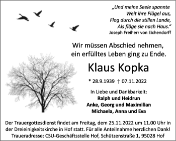 Traueranzeige von Klaus Kopka von Frankenpost