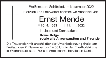 Traueranzeige von Ernst Mende von Frankenpost