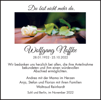 Traueranzeige von Wolfgang Noffke von Südthüringer Presse